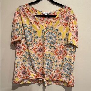 💜Counterparts Yellow and Red Mandala Print Blouse Fun Casual Chic resort ready